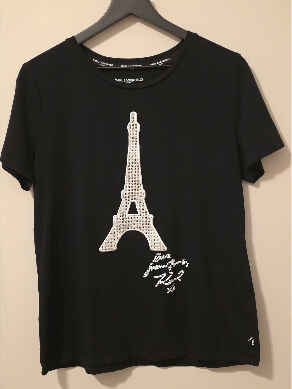 Karl Lagerfeld Paris Black T-Shirt with Eiffel Tower Graphic, Size M